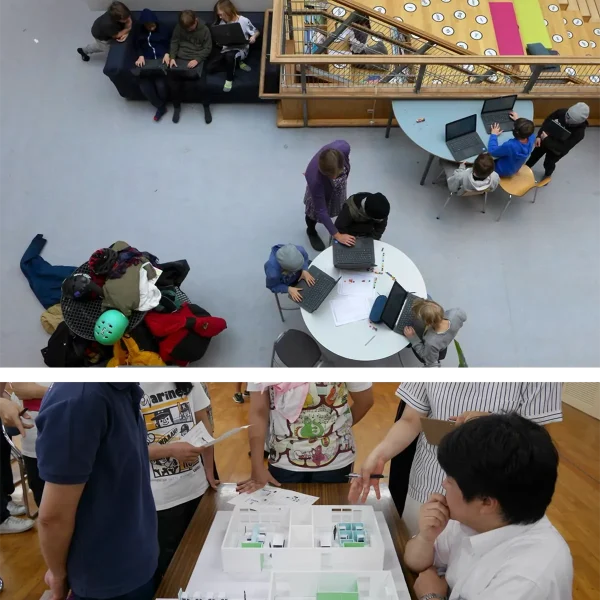 上：オフィスのような学校　下：教室デザインを検討する